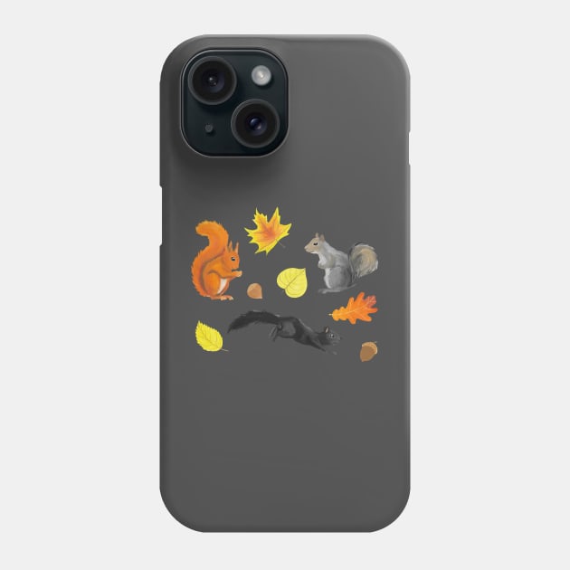 Cute squirrels in a forest pattern: red, black, and gray on a green background Phone Case by alinabeska