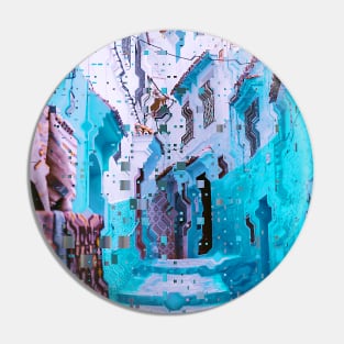 Morocco Blue and White Alley Glitch Art Pin