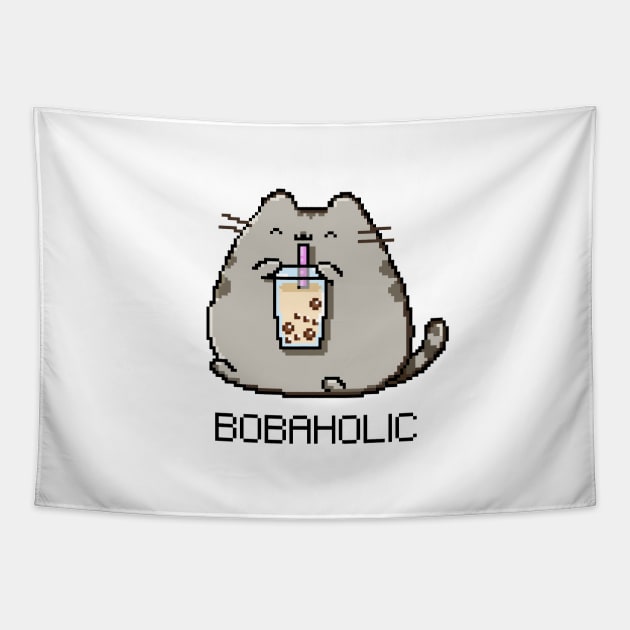 Bobaholic Pixel Chubby Cat Loves Boba Tea! Tapestry by SirBobalot