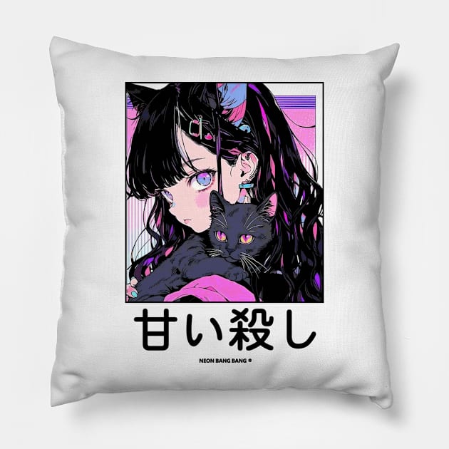 Stylish Anime Neko Girl Manga Aesthetic Streetwear Pillow by Neon Bang Bang