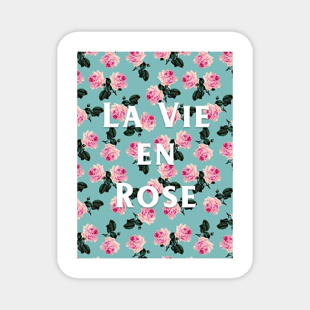 La Vie En Rose - scattered pink roses on turquoise on pink tee Magnet by bettyretro