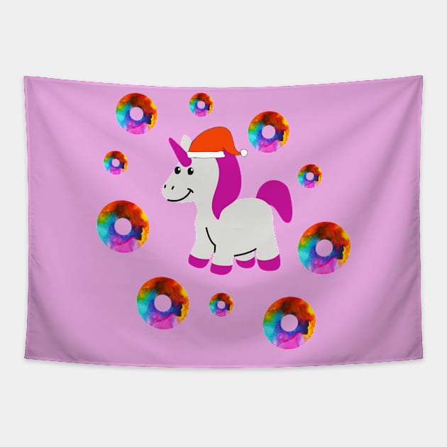 Christmas Unicorn and Rainbow Donuts Tapestry by EdenLiving