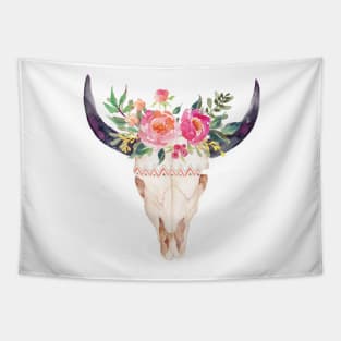 Watercolor bull skull flowers Tapestry