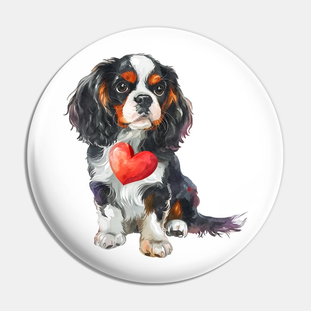 Valentine Cavalier King Charles Spaniel Holding Heart Pin by Chromatic Fusion Studio