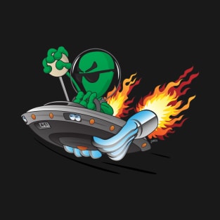 UFO Alien Hot Rod Cartoon Illustration T-Shirt