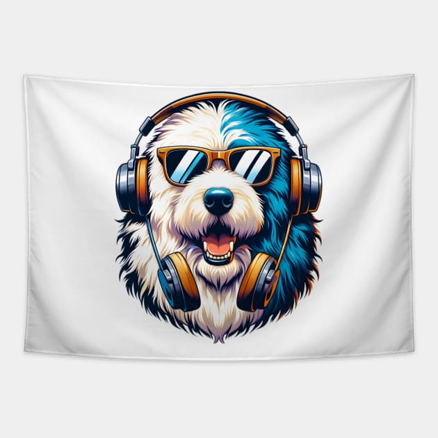 Old English Sheepdog as Smiling DJ with Headphones and Sunglasses Tapestry by ArtRUs