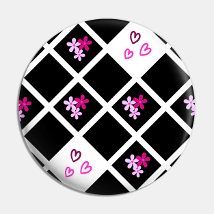 Pink and Black Floral Heart Checkered Pattern Pin