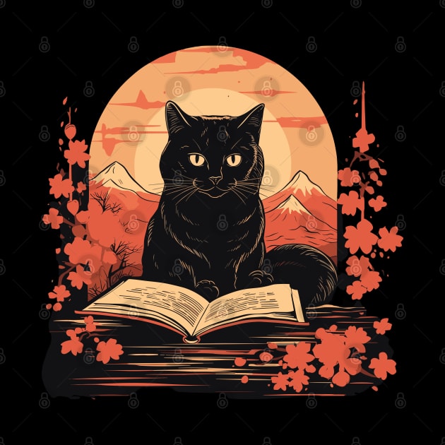 Japanese Floral Black Cat And Book Catshirt by VisionDesigner