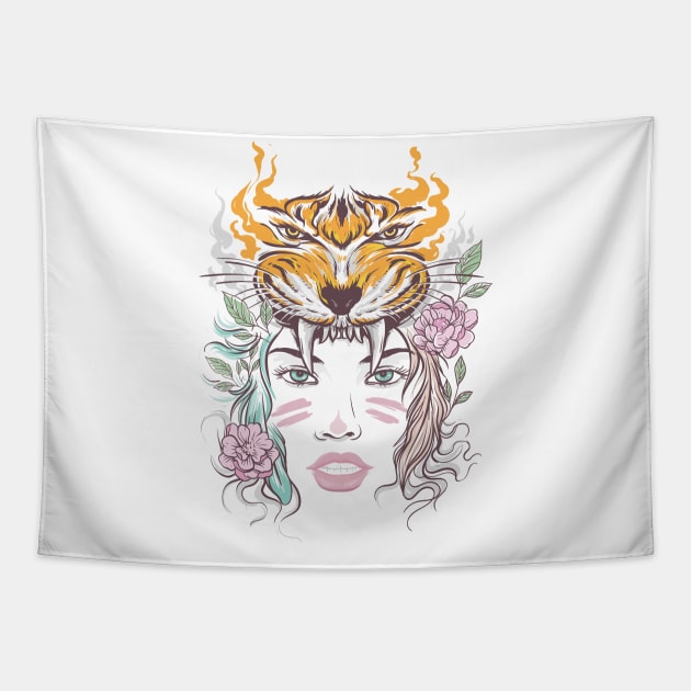 beautiful lady face with tiger head and flowers Tapestry by Skidipap