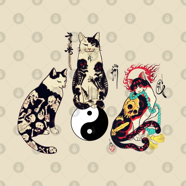 THREE JAPANESE CATS IN SKULL,SKELETON TATTOOS AND YIN YANG SYMBOL by BulganLumini