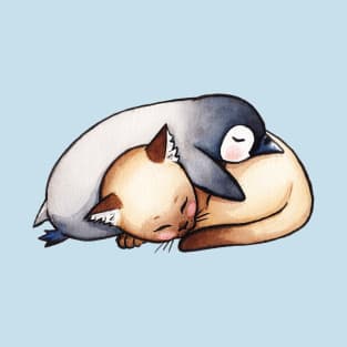 Cute Sleeping Babies - Penguin and Cat love couple T-Shirt