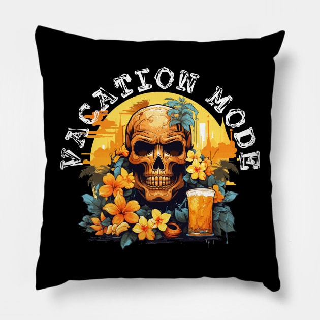 Skull and Drink - Vacation Mode (White Lettering) Pillow by VelvetRoom