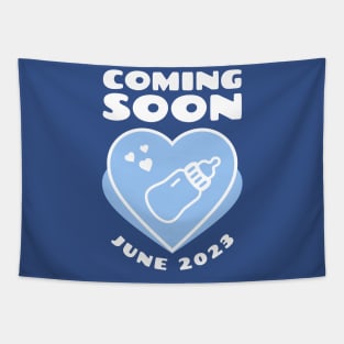 Coming soon. June 2023 birthday. Illustration with blue heart Tapestry