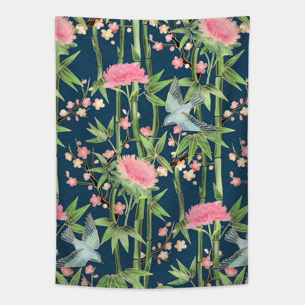 Bamboo, Birds and Blossom - dark teal Tapestry by micklyn