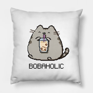 Bobaholic Pixel Chubby Cat Loves Boba Tea! Pillow
