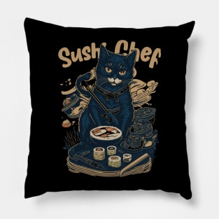 Retro Japanese-Inspired Feline Culinary Cat as Sushi Chef Pillow