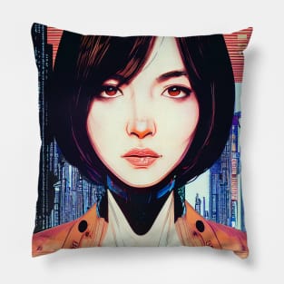 Cyberpunk Woman in a City Pillow