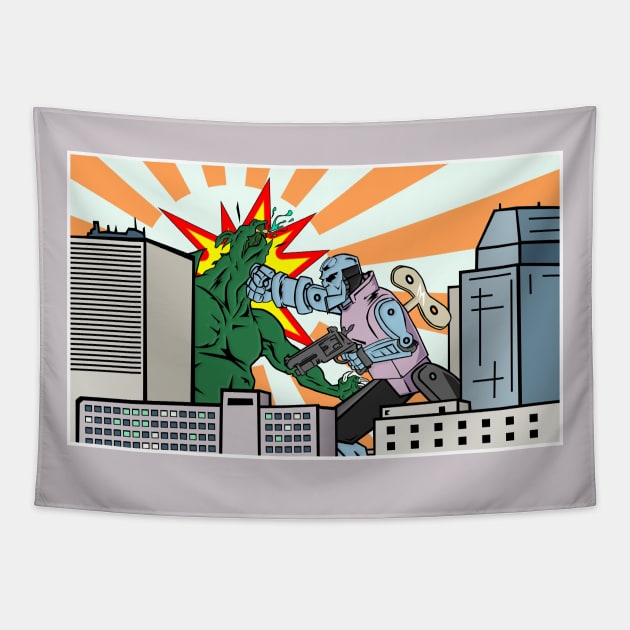 Wind Up Kaiju Fight Tapestry by ChrisOConnell