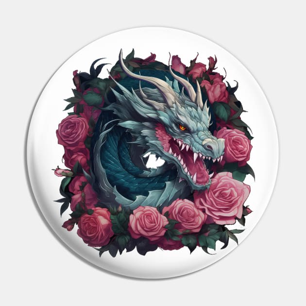 Dragon in a Wreath of Roses Pin by Mojitojoe