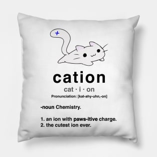 Cation. Cat with positive ion. Chemistry Pun. Pillow