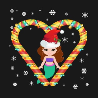 Cute Mermaid Candy Cane Heart Funny Christmas Light Gift T-Shirt