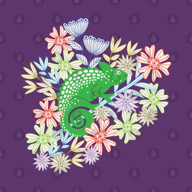 CHAMELEONS JUST WANNA HAVE FUN Cute Reptile Lizard with Rainforest Jungle Flowers in Jungle Green - UnBlink Studio by Jackie Tahara by UnBlink Studio by Jackie Tahara