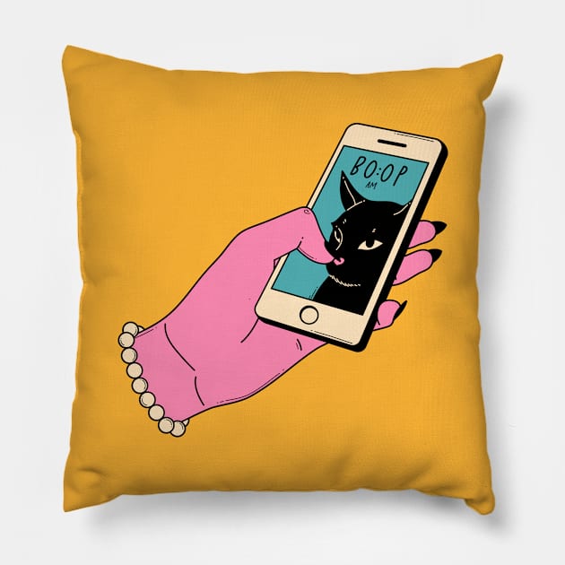 Boop Nose Black Cat in yellow Pillow by The Charcoal Cat Co.