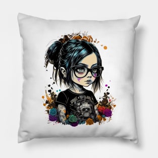 Cartoon little girl with glasses in gothic style at school Pillow