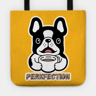 PERKFECTION, WHITE AND BLACK DOG DRINKING COFFEE Tote