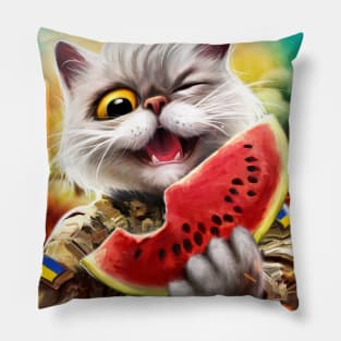 cute ukrainian cat with a watermеlon slice Pillow