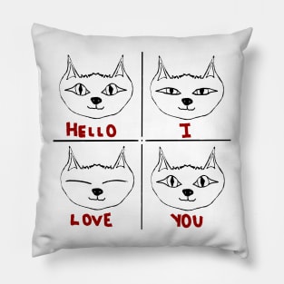 Hello I Love You cat - black lines Pillow