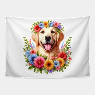 A golden retriever with beautiful colorful flowers Tapestry