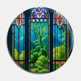 Stained Glass Window Overlooking Nature Scene Pin