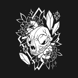 Cat skull, crystals, and peonies in white T-Shirt