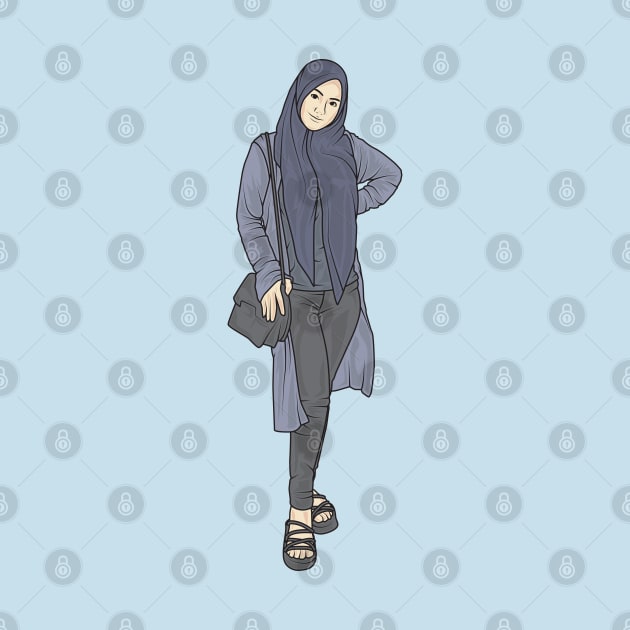 Beautiful woman wearing a hijab wearing a blue shirt with a blue cardigan and tight black trousers by crissbahari