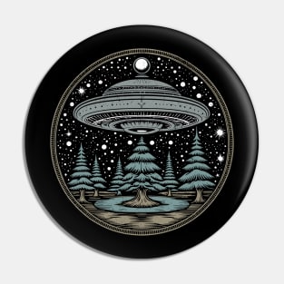 Vintage alien saucer over the forest Pin