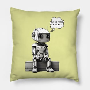 Cute Robot Tired of People retro anime comic funny design Pillow