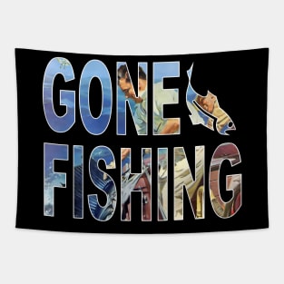 "Gone Fishing" Man Catches Fish Typographic Font Sailfish Art Tapestry