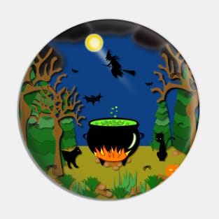 Scary, spooky, creepy, halloween with cauldron, spiders, bats, cats and a black witch on a broom stick Pin