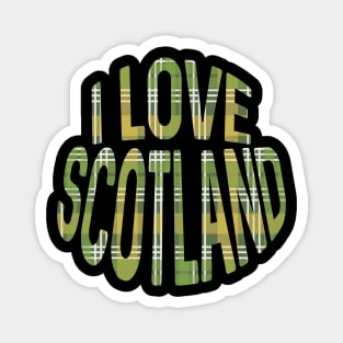 I LOVE SCOTLAND Green, White and Yellow Tartan Colour Typography Design Magnet