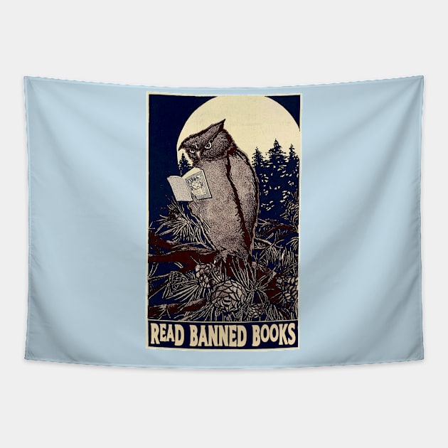 Owl: Read Banned Books Tapestry by Pandora's Tees