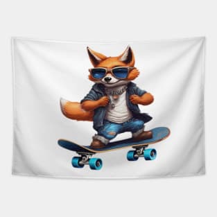 a fox riding a skateboard wearing sunglasses Tapestry