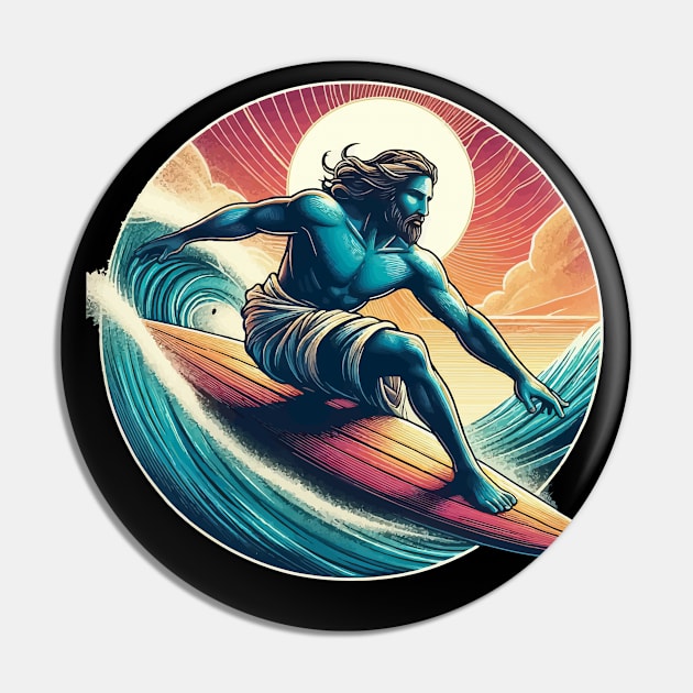 Retro Jesus Christ On Surfboard Pin by TomFrontierArt