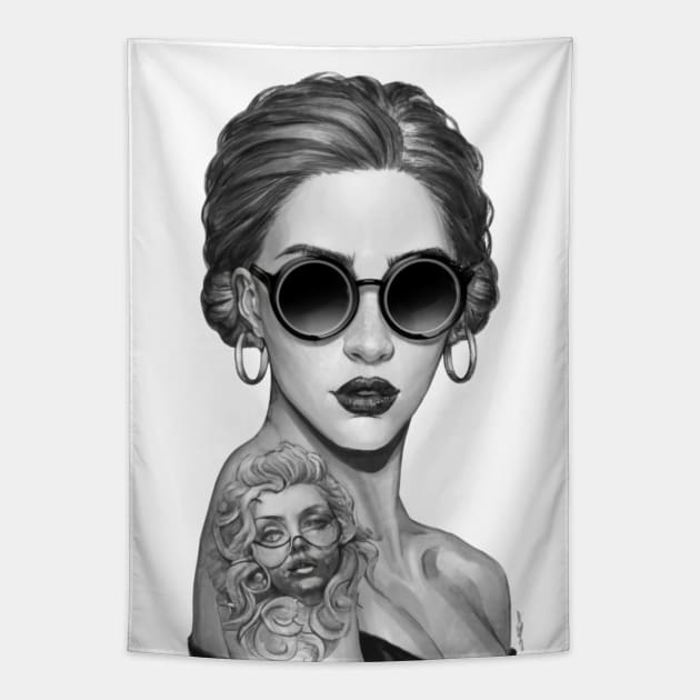 Pencil Portrait of an Inked Lady Tapestry by ALM Artbox