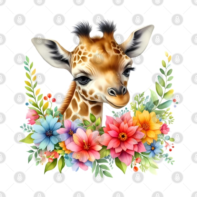 A baby giraffe decorated with beautiful colorful flowers. by CreativeSparkzz