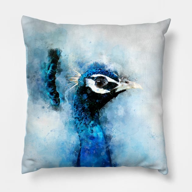 Dramabite Watercolor peacock bird artsy artistic painting wildlife Pillow by dramabite