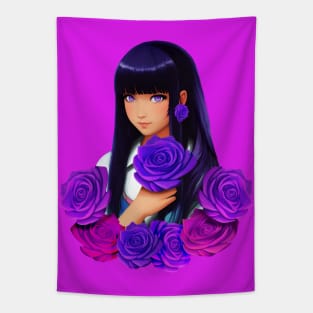 Anime Girl with Purple Eyes and Roses Tapestry