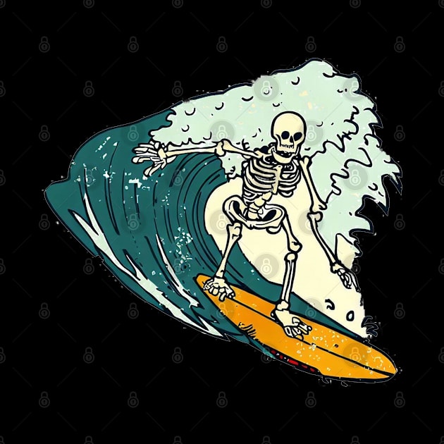 Skeleton Surfer Riding Big Wave by tropicalteesshop