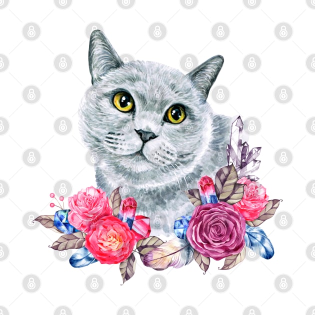 Cute Russian Blue Cat with Roses Watercolor Art by AdrianaHolmesArt