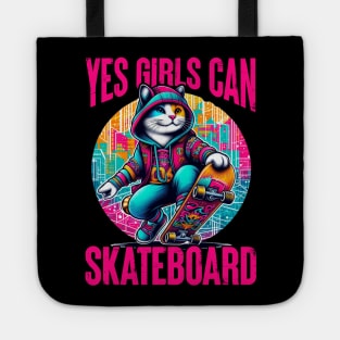 Yes Girls Can Skateboard - Cute Skateboarder Skater Cat Tote